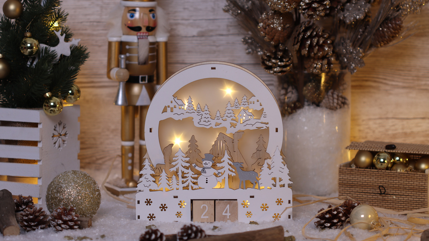 Xmas LED karácsonyi kocka naptár tájkép, fa, elemes