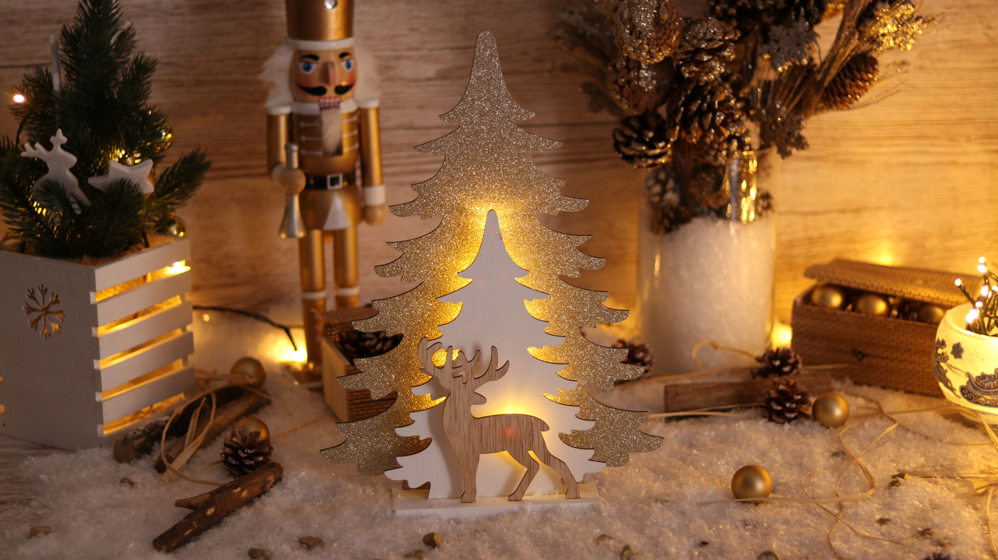 Xmas LED karácsonyi fenyő szarvas arany, elemes