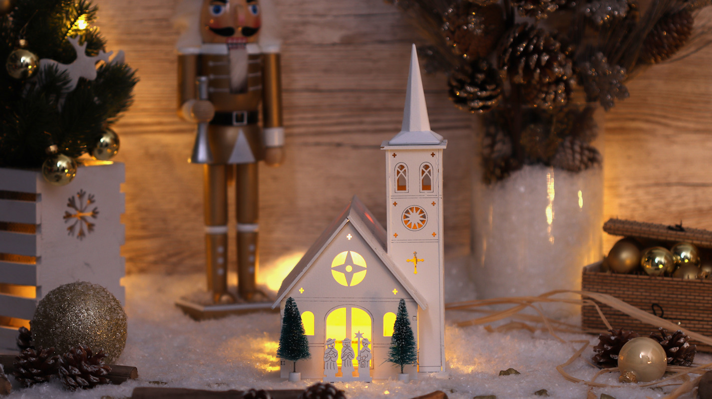 Xmas LED karácsonyi templom fa, fehér,elemes