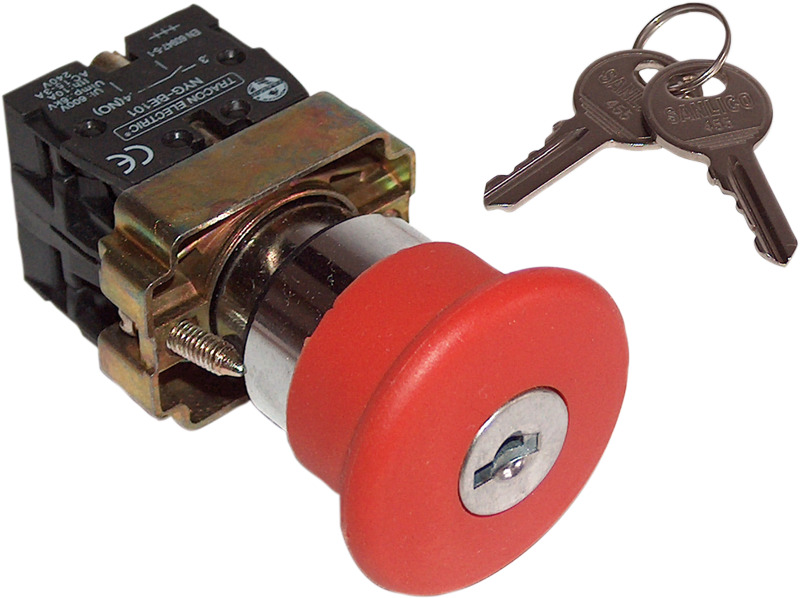 Reteszelt gombafejű vészgomb fémalap, piros, kulcsos 1×NC, 3A/400V