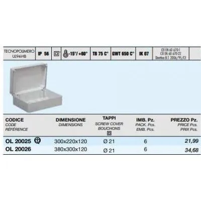 Kötődoboz 300x220x120 IP56 CASSETTE D.300x220x120 LISCE CON