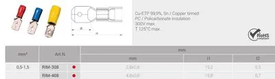 CSÚSZÓSARU SZIGETELT 1,5mm2 Csúszósaru 1,5mm2 4,8x0,8 szigetelt