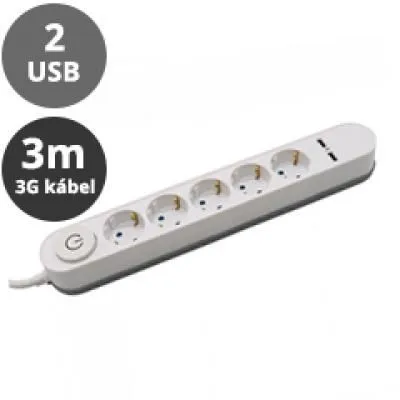 Hosszabító 5-ös elosztóval 3 m vezeték + 2 USB