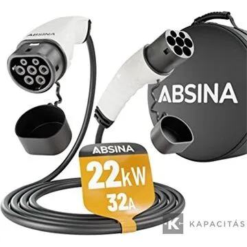 Elektromos autó töltőkábel T2 32A 3 fázis 22kW 5 méter ABSINA