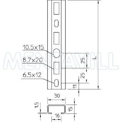 Profilsin-c 200x30x15mm perforált 16mm nútszélesség