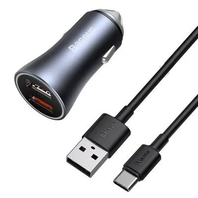 Autós töltő 2XUSB 40W szürke@ usb -usb-c kábel 1M fekete