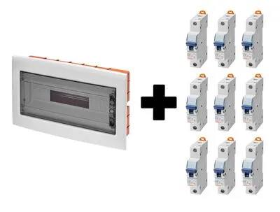 Lakáselosztó csomag - süllyesztett 18 modul + 9db 1P C16 kismegszakító